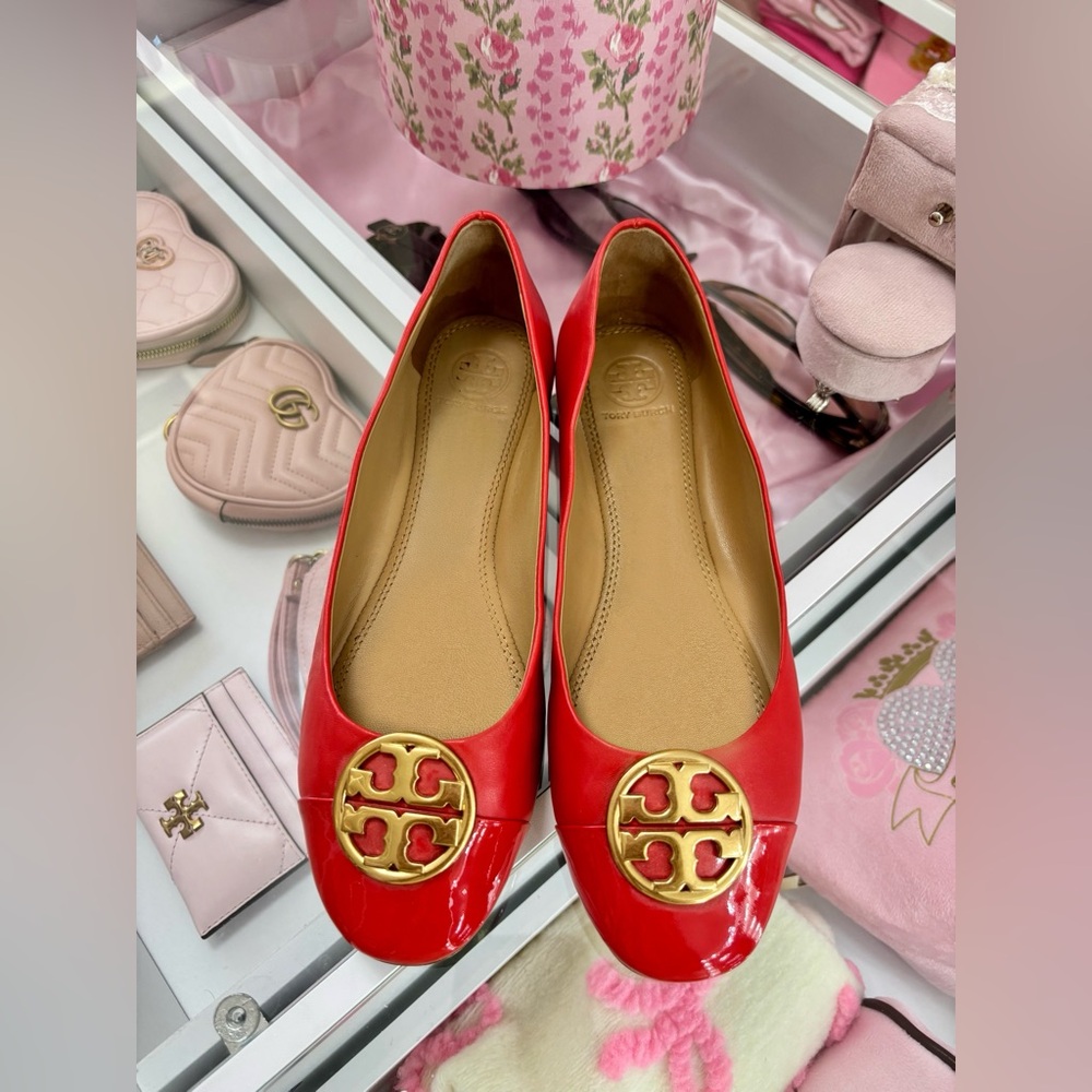 Tory Burch Chelsea Cap-Toe Red Leather Ballet Flats